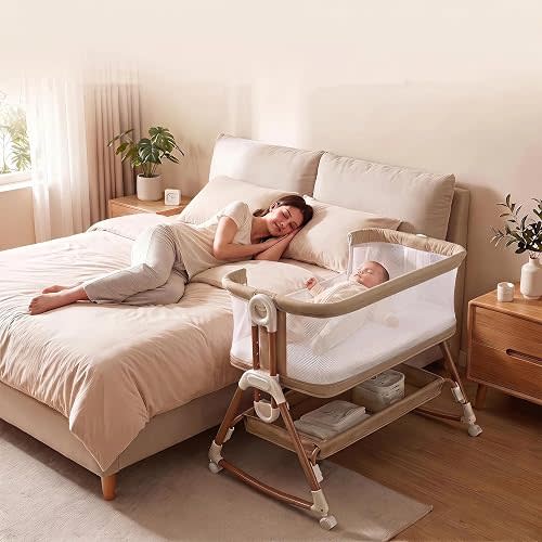 Oatmeal Baby Bassinet, 6-Level Height Adjustable Bedside Sleeper Co Sleeper Bassinet, Rocking Baby Cot Bed with 360° Wheels, Breathable Mesh Side, Large Storage Basket, Soft Mattress & Mosquito Net