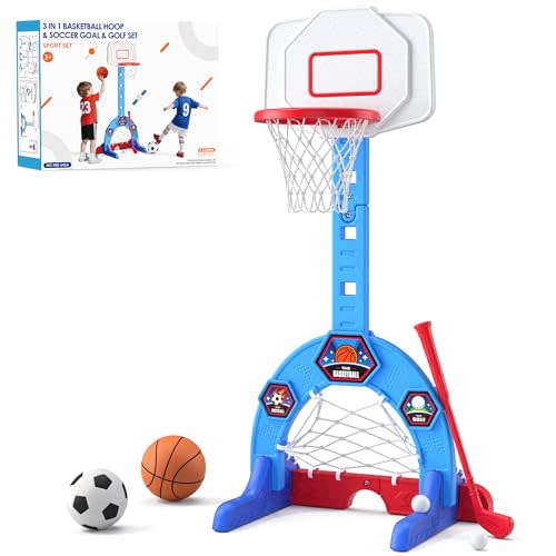 HYES Toddler Basketball Hoop, 3-in-1 Sports Activity Center with Soccer Goal, Golf Game, 5 Height Adjustable Kids Basketball Hoop, Indoor Outdoor Playset Toys Gifts for Boys Girls 3-5, Blue