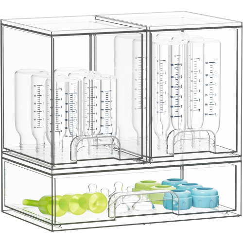 Bottle Storage Organizer Baby - Acrylic Bottles Station Organizer Container, Stackable Clear Drawers for Countertop, Vanity, Bathroom, Cabinet, Pantry Organization, 3 Pack, 2S1L, 7.8"H