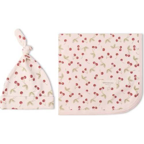 Organic Swaddle Blanket & Hat Set, Cherry