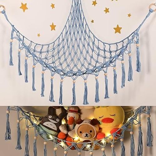 Stuffed Animal Toy Storage Hammock with LED Light-Macrame Jumbo Doll Room Organizer Mesh Decoration-Hanging Storage Nets Kids Bedroom(Blue Beads)