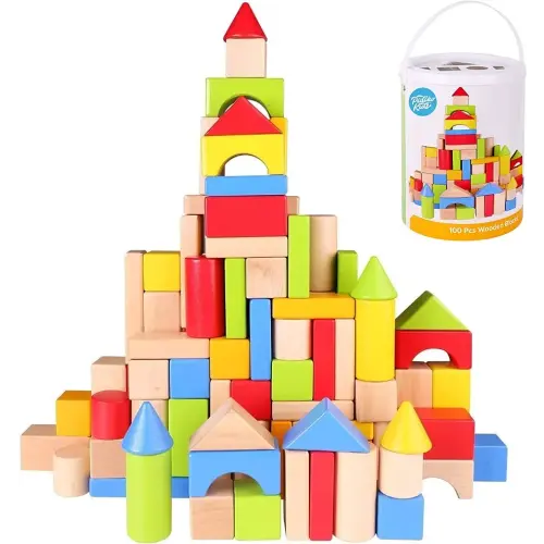 Pidoko Kids Wooden Blocks - 100 Pcs - Building Blocks for Toddlers - Includes Storage Container with Shape Sorter Top - Hardwood Plain & Colored Wood Blocks - Preschool Block Learning Toys