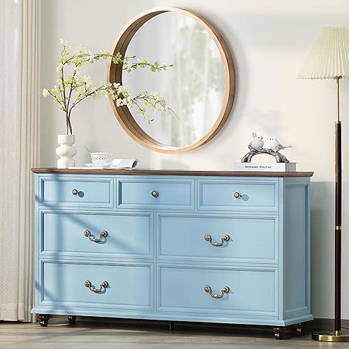 Farmhouse 54" 7 Drawers Dresser for Bedroom, Wide Wood Chest of Drawers w/ 4 Wooden Legs, Vintage Large Storage Dressers Organizer for Hallway, Rustic TV Stand for Living Room, Light Blue