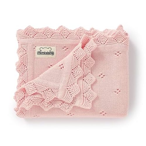 mimixiong Cotton Baby Blanket Knitted Crochet Receiving Crib Nursery Swaddling Blankets for Newborn Baby Boy Girl Pastel Pink 30x40 Inch (Pack of 1)…