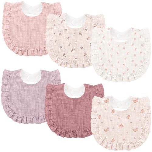 Bearmoss 6 Pack Baby Girl Bibs for Newborn, Muslin Bibs with Ruffle Trim
