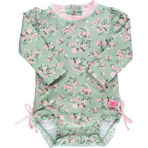 RuffleButts Baby Girls UPF 50+ Sun Protection Floral Printed Long Sleeve One Piece Rash Guard Swimsuit with Zipper