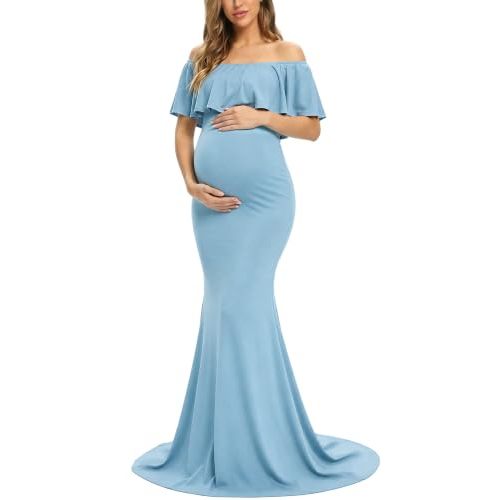 Glampunch Off Shoulder Maternity Dress for Photoshoot,Baby Shower Dress | soft, stretchy fabric,ruffles,elegant slim gowns,fit maxi photography dress,flowy maxi length