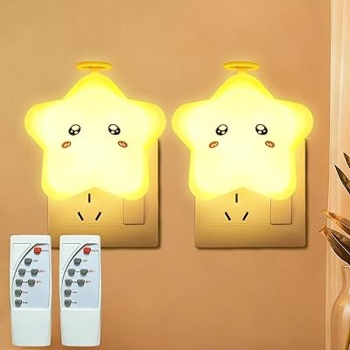 2 Pack Star Night Light with Remote,Plug-in Dimmable Nightlight for Kids, 3 Color Modes,10 Brightness Levels,Timer Function,Soft Glow, Energy Efficient,Ideal for Bedroom,Hallway, Bathroom