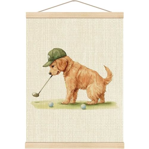 Boat Wades Golden Retriever Golf Wall Art Poster Hanger Frame, Golfer Gifts for Women Men, Gifts for Golden Retriever Lovers, Funny Dog Golfing Wall Decor for Home Office, 12x16 Inch
