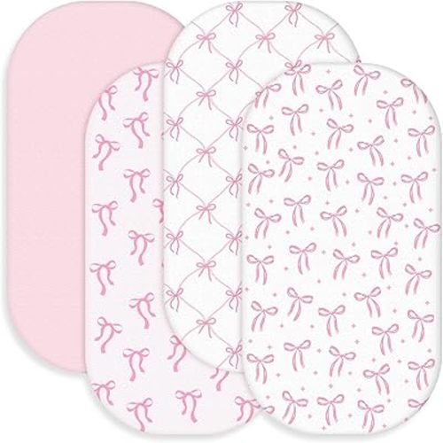 Peryiter 4 Pack Pink Bow Crib Sheets for Baby Girls Boys Coquette Bedding Set Fitted 32 x 16'' for Standard Crib Sheet Stretchable Soft for Toddler Aesthetic Nursery Decor Bassinet Mattress Gift Set