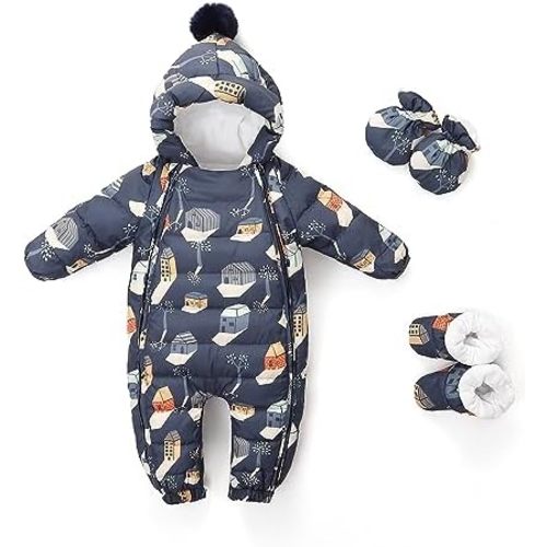 LAT 3 Pcs Baby Snowsuit Winter -Super Warm Flannel Lining Puffer Jacket Hoodie Romper -Double Zip Up Coat Toddler Clothes