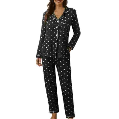Bpxiofoy Pajama Sets for Women 2 Piece Button Up Pajamas Women Casual Lapel Button Plaid Printing Two Long Sleeve Pajamas Pajamas Suit Pajama Pants Pj Sets Black 1 M