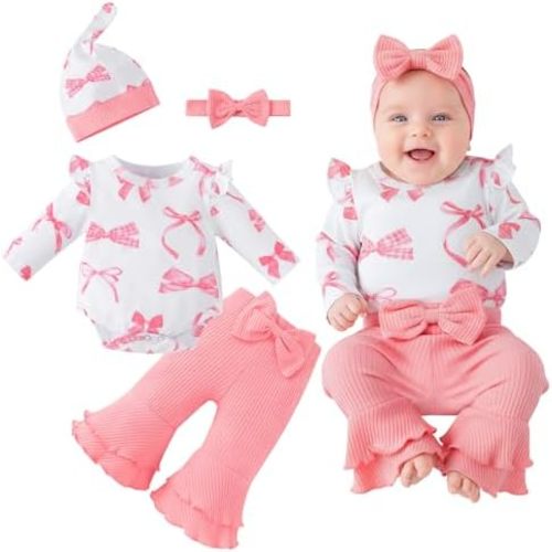 Preemie Newborn Baby Girl Clothes Cute Baby Girl Winter Outfits Gifts Infant Romper Bell Bottoms Pant Bow Headband Sets