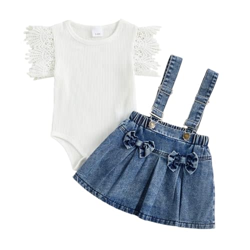2Pcs Baby Girl Denim Outfit Long Sleeve Romper and Denim Overall Skirts Set | Infant Girls Fall Outfits Lace Trim Fly Sleeve Ribbed Romper and Suspender Skirts Sets Newborn Baby Summer Fall Clothes