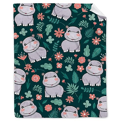 Cute Hippo Blanket Hippopotamus Gifts Soft Comfy Flannel Green Throw Blankets for Couch Travel Hippo Plush for Bed Sofa Outdoor Indoor Small (50 in x 40 in)