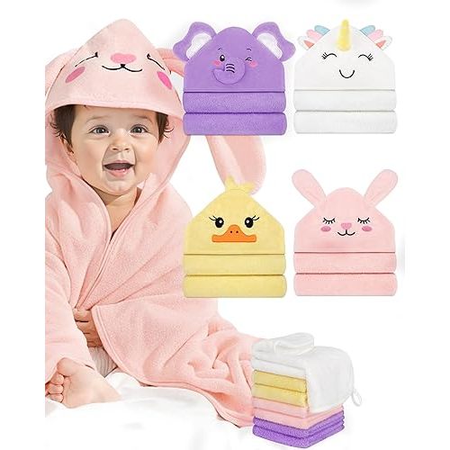CandyHome 12 PCS Baby Bath Towels for Infants Toddlers, 4 PCS Animal Hooded Baby Towels & 8 PCS Washcloths Set, Ultra Absorbent Soft Cute Newborn Bath Essential Gifts for Boys & Girls