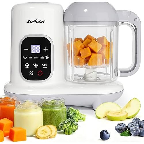 Sunvivi Baby Food Maker: All-in-one Baby Food Processor with Steam, Heating, Unfreeze, Blender, Electric Blender and Food Processor Combo with Self Clean LCD Display, Baby Food Steamer Grinder White