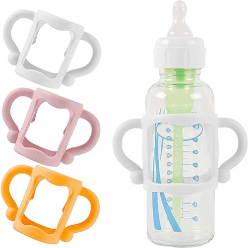 (3-Pack) Bottle Handles for Dr Brown Baby Bottles with Easy Grip Handles to Hold Their Own Bottle - BPA-Free Soft Silicone (White Pink Orange)