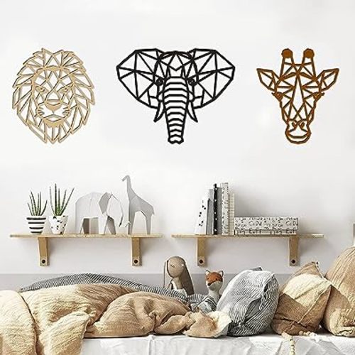 Animal Wall Art for Modern Living Room 3 Pieces Safari Decor for Bedroom above Bed Jungle Theme Wood Heads of Lion, Elephant, Giraffe Art for Nursery Farmhouse Geometric Décor Wooden Large Colorful