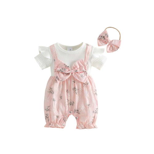 Loicainy Baby Toddler Girl Fake-two Romper 3 6 9 12 18 Months Floral Short Sleeve Jumpsuit and Bow Headband 2 Piece Set