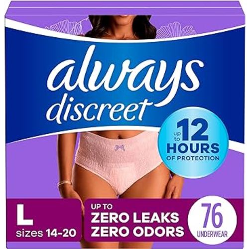 Always Discreet Adult Incontinence Underwear for Women and Postpartum Underwear, L, Up to 100%* Bladder Leak Protection, 76 CT,