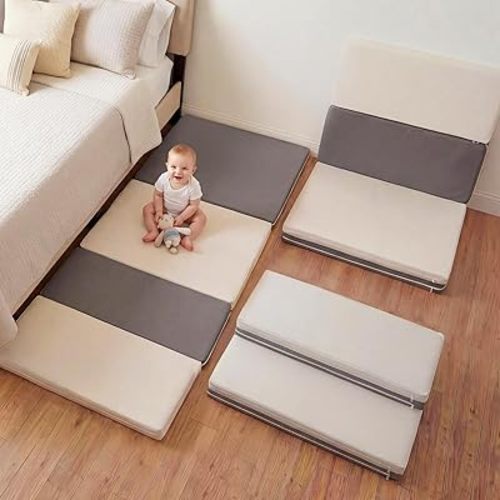 Mallify Foldable Baby Play Mat, 71''x30'' Thicken Foam Portable & Waterproof Bedside Mat, PU Leather Playpen Mat for Infants and Toddlers, Gray & White