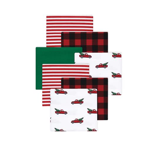 Little Treasure Hudson Baby Cotton Poly Flannel Receiving Blankets Multipack, Red Christmas Tree Truck, 30x30 inches