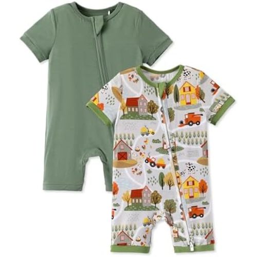 PATPAT Baby Romper 2-Pack with Bamboo Viscose, Infant Snug fit Pajama Jumpsuits with 2-Way Zipper for Newborn Boy Girl