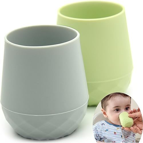 2 Pack Tiny Cup for 4+ Months | Silicone Baby Cups 6-12 Months, Infant Training Open Cup for Baby Led Weaning Supplies, 2oz (Pastel Earth)