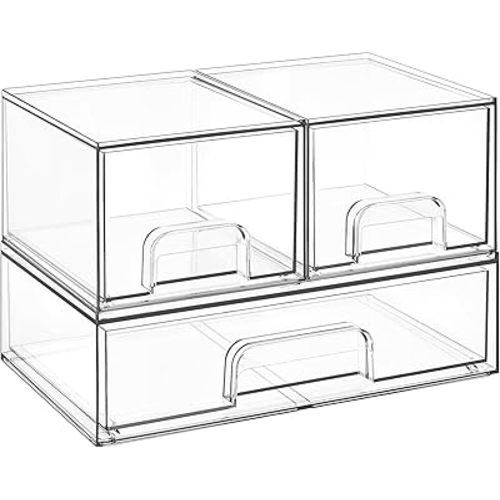 Vtopmart Stackable Storage Drawers Set of 3,Clear Plastic Organizer Bins for Makeup, Cosmetics, Beauty Supplies,Ideal for Vanity, Bathroom,Cabinet,Pantry Organization