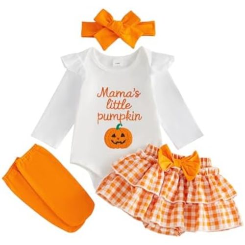 Kavousa My First Halloween Baby Girl Outfit Pumpkin Letter Print Romper+Plaid Skirts+Leg Warmers+Headband Cute Fall Clothes