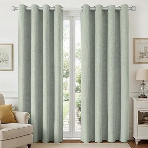 Joydeco Sage Green Black Out Curtains 84 Inch Long 2 Panels Set, Faux Textured Linen Thermal Insulated Burlap Curtain & Drapes, Grommet Room Darkening Drapes for Bedroom Living Room