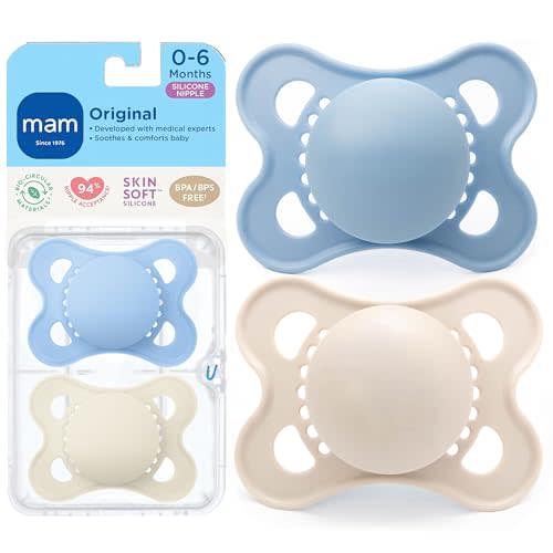 MAM Original Baby Pacifier 0-6 Mths, Skin Soft Silicone Nipple, 2 Pack | For Newborn Babies, BPA-Free Skin Soft Silicone Nipple, Developed With Medical Experts, With Sterilizer Case, Made In Europe