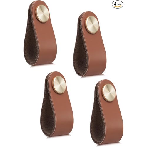 4 Pack Leather Drawer Pulls Light Coffee Cabinet Handles Single Hole Dresser Knobs Cabinet Door Handle, Faux Leather Pulls for Dresser, Closet, Kitchen Cupboard (Single Hole, Light Coffee)