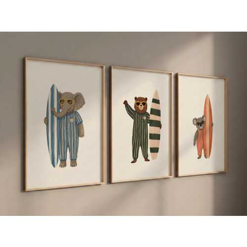 Retro Surfing Animals Wall Art Set of 3, Striped Surf Nursery Decor, Physical Kids Room Posters, Neutral Boy Room Animal Art