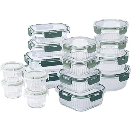 COOK WITH COLOR Premium 32-Pc. Borosilicate Glass Food Container Set with Dividers - 4 Rectangles, 8 Rounds, 4 Squares - Leakproof Lids - Meal Prep, Storage, Fluted Ombre Green