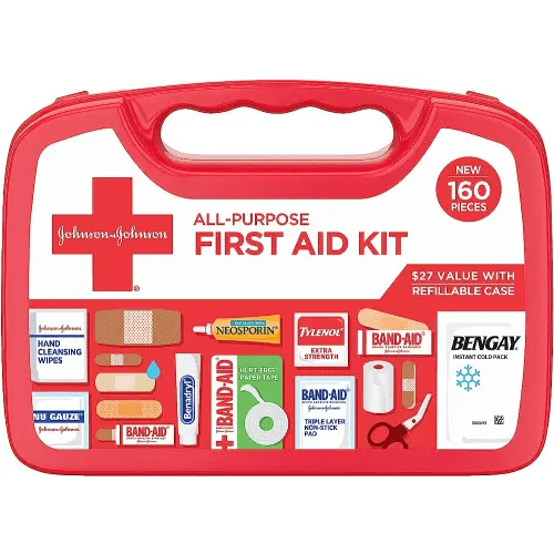 Johnson & Johnson All-Purpose Portable Compact First Aid Kit for Minor Cuts, Scrapes, Sprains & Burns, Ideal for Home, Car, Travel, Camping and Outdoor Emergencies, 160 pieces