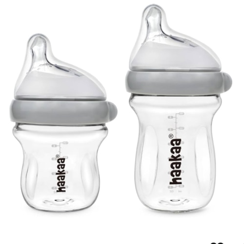 haakaa Gen.3 Natural Glass Baby Bottle Set 4.2oz & 6oz - Wide Neck Anti-Colic Slow Varibale Flow Nipple, 0M+ 3M+ 6M+ Breastfed Babies