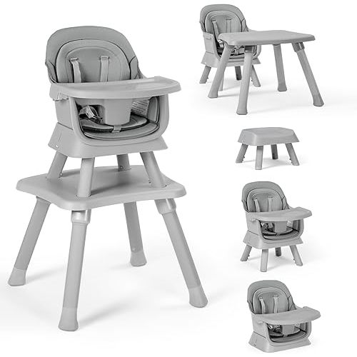 Baby High Chair, 8 in 1 Convertible Highchairs for Babies and Toddlers, Children Dining Booster Seat/Kids Building Block Table for Girls Boys, Baby Seat with Removable Tray, Light Grey