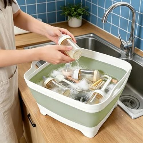 FOSJGO Collapsible Dish Basin with Drain Plug, Foldable Sink, 2.4 Gal (9L)
