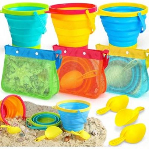 Collapsible Beach Bucket Toys with 3 Seashell Bags 3 Silicone Sand Buckets Shovels - Travel Beach Essentials for Fishing Multicolor Standard