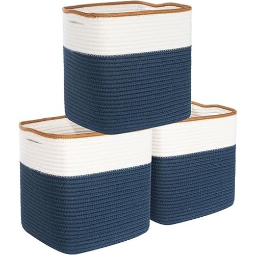 MINTWOOD Design 3-Pack 11x11 Inch Cube Storage Bin, Woven Storage Cube Organizer, Closet Organizer, Cute Square Storage Bins, Decorative Classroom Bathroom Pantry and Shelf Baskets, Prussian Blue