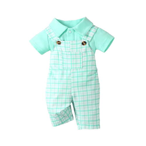 Infant Baby Boys Clothes 6 Months Boys Outfits 9 Months Boys Short Sleeve Top Plaid Overall Shorts 2PCS Boys Summer Clothing Set Green