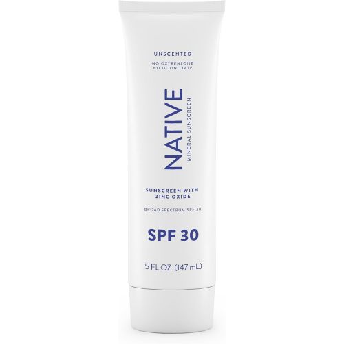 Native Sunscreen SPF 30, Zinc Oxide Dermatologist Tested Suitable for Sensitive Skin & Hawaii Compliant, 5 Ounces | Unscented Sun Protection Lotion, Lightweight & Smooth
