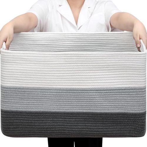 95L Large Blanket Basket, Toy Storage Baskets for Organizing, Blanket Storage for Living Room, large Woven Basket 24” x 17” x 13.5”, White & Grey