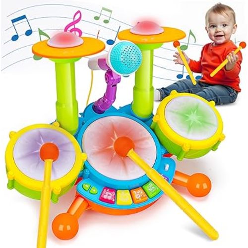 Drum Set for Toddlers 1-3 Musical Toys with 2 Sticks Microphone for 6-12 18 Months Baby Music Instruments Montessori Learning Toy Kids Toddler Drums Christmas Birthday Gift for 1 2 3 Year Old Boy Girl