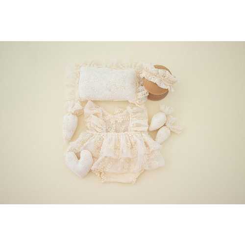 Newborn Girl Lace Romper Set, Boho Photography Prop, Newborn Photo Outfit , Ruffled Tulle Baby Photoshoot Props