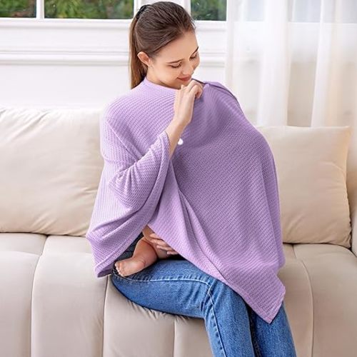 Knit Nursing Cover for Baby Breastfeeding, Breathable and Soft, Wide Neck with Stretch for Easy View (Purple)