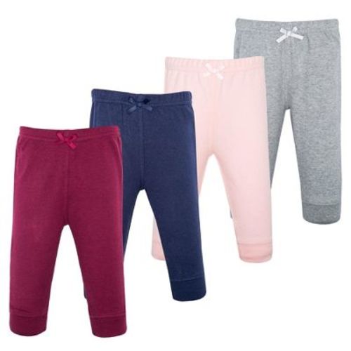 Hudson Baby Basics Infant Girl Comfy Cotton Pants 4-Pack, Berry Blossom Mix, 0-3 Months