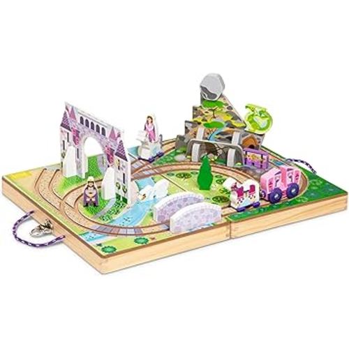 Melissa & Doug 19-Piece Wooden Take-Along Tabletop Kingdom – Carriage, Horse, Unicorn, Dragon, More